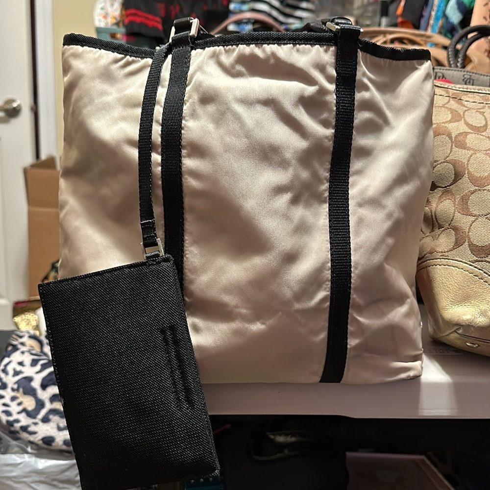 PRADA BEIGE AND BLACK NYLON SMALL TOTEnormal Wear/ Sold as Is